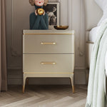 Elegant Solid Wood Nightstand with Multi-Layer Board and Gold Accent – Modern Two-Drawer End Table for Bedroom Storage fjfn-5275