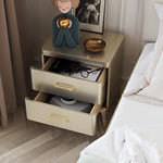 Elegant Solid Wood Nightstand with Multi-Layer Board and Gold Accent – Modern Two-Drawer End Table for Bedroom Storage fjfn-5275