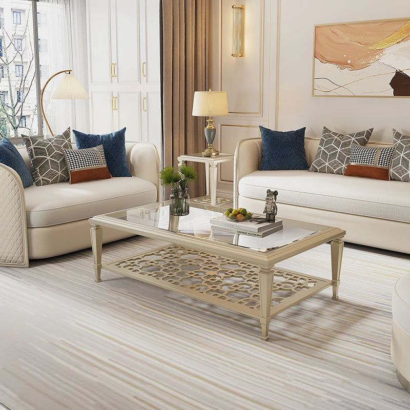 Elegant Solid Wood Coffee Table with Tempered Glass Top – Stylish Living Room Accent Furniture fjfn-5276