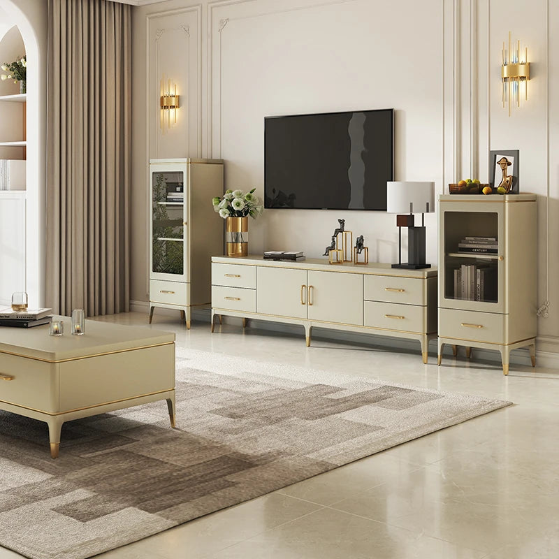 Stylish Pine Multi-Layer Board Coffee Table with Elegant Gold Accents for Modern Living Rooms fjfn-5277