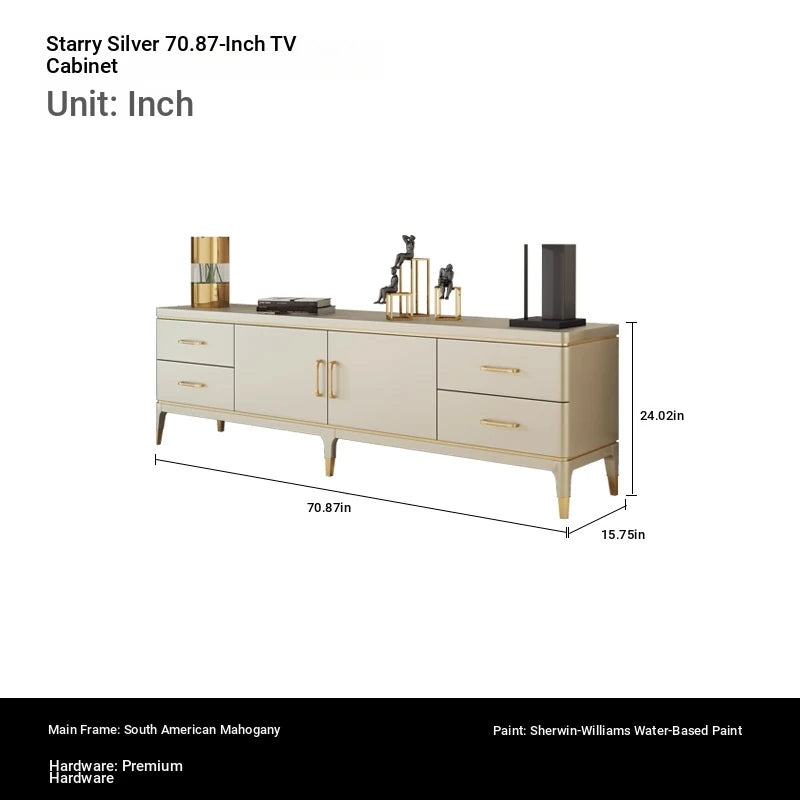 Modern Pine Multi-Layer Board TV Stand with Elegant Gold Accents – Stylish Entertainment Center Solution fjfn-5278