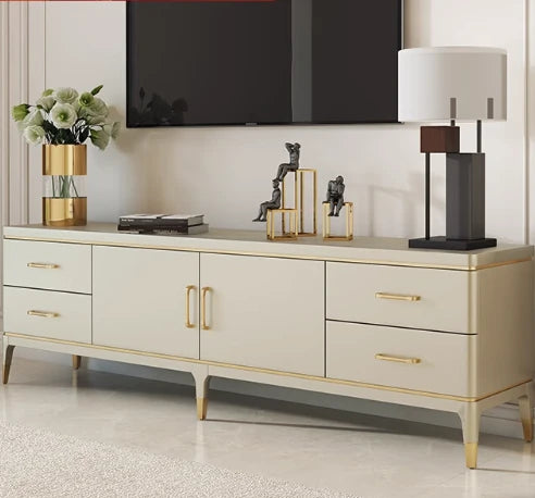 Modern Pine Multi-Layer Board TV Stand with Elegant Gold Accents – Stylish Entertainment Center Solution fjfn-5278