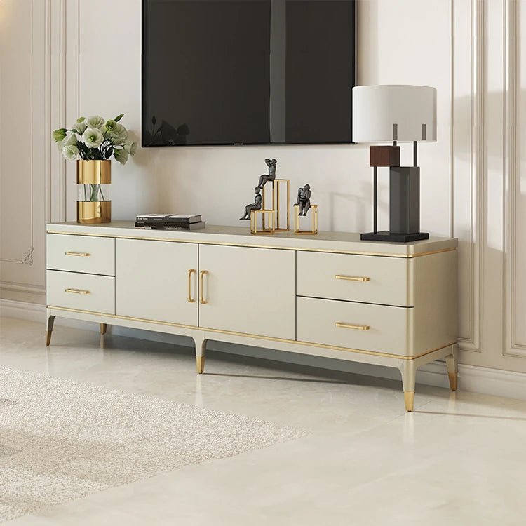 Modern Pine Multi-Layer Board TV Stand with Elegant Gold Accents – Stylish Entertainment Center Solution fjfn-5278