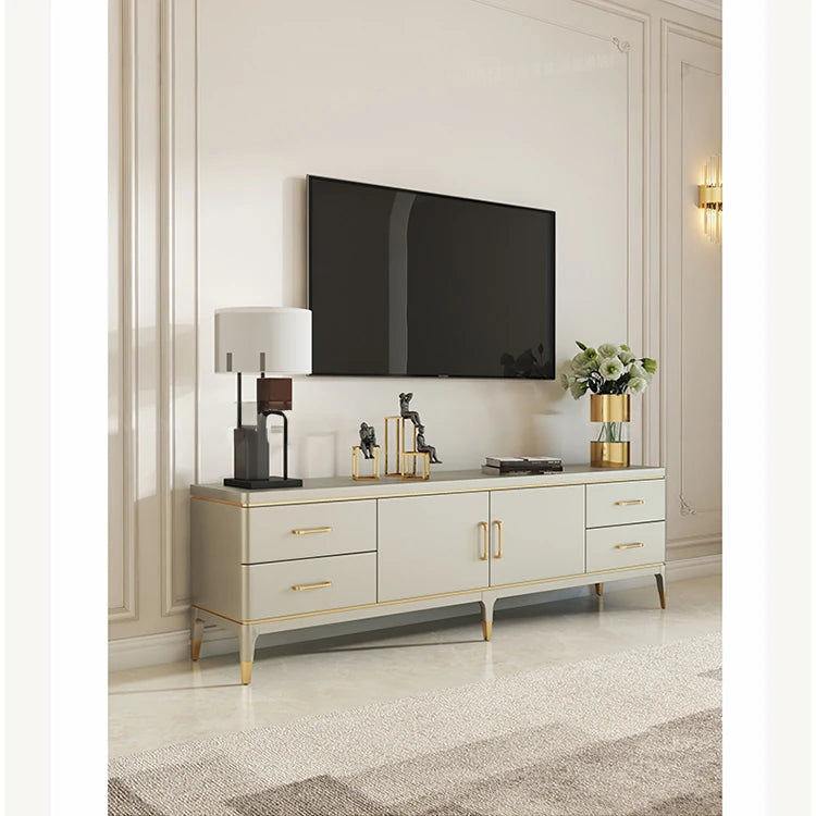 Modern Pine Multi-Layer Board TV Stand with Elegant Gold Accents – Stylish Entertainment Center Solution fjfn-5278