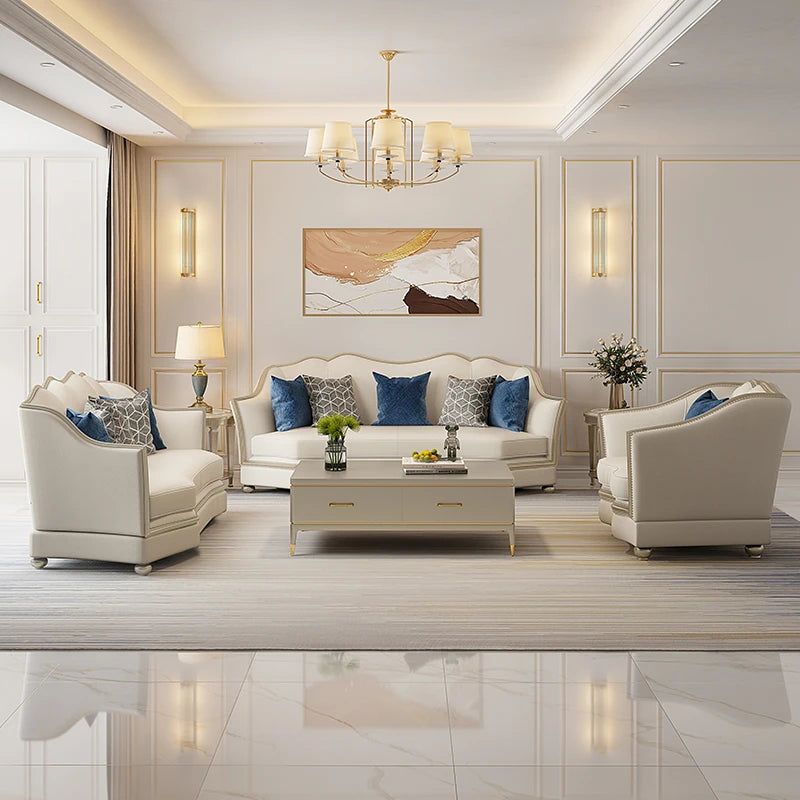 Elegant Solid Wood Sofa Set with Cowhide Leather & PU Leather Upholstery – Luxurious Comfort for Your Living Room fjfn-5281