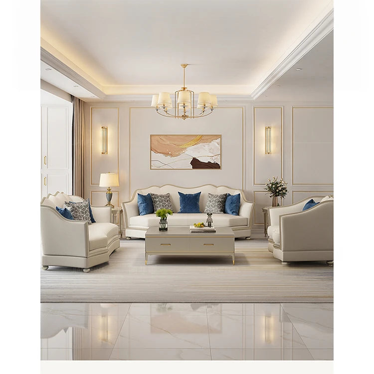 Elegant Solid Wood Sofa Set with Cowhide Leather & PU Leather Upholstery – Luxurious Comfort for Your Living Room fjfn-5281