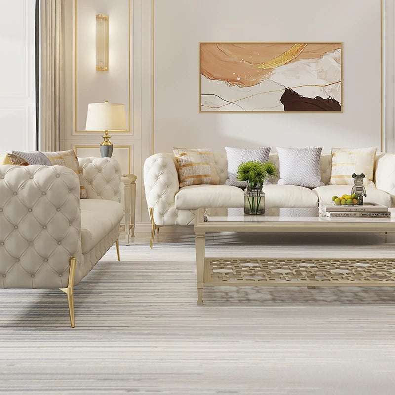 Elegant Solid Wood Cowhide Leather Sofa Set - Modern Luxury Living Room Furniture fjfn-5291