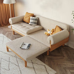 Stylish Beige Sofa with Natural Wood Frame | Cotton, Linen & Leathaire Blend fjnl-1579
