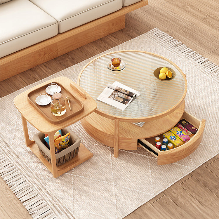 Chic Natural Wood Tea Table with Glass and Ceramic Accents in Brown White Ash fjnl-1581