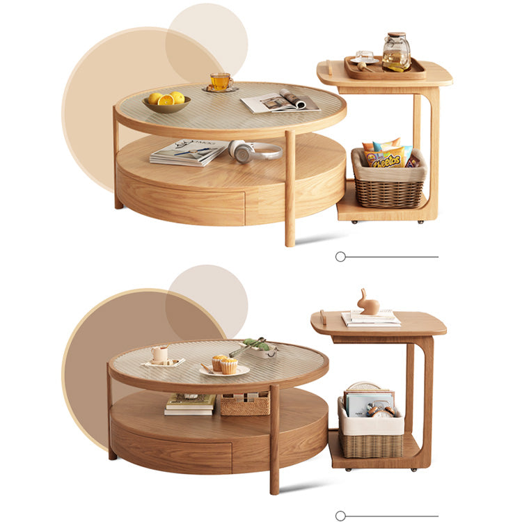 Chic Natural Wood Tea Table with Glass and Ceramic Accents in Brown White Ash fjnl-1581