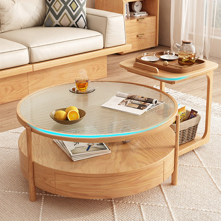 Chic Natural Wood Tea Table with Glass and Ceramic Accents in Brown White Ash fjnl-1581