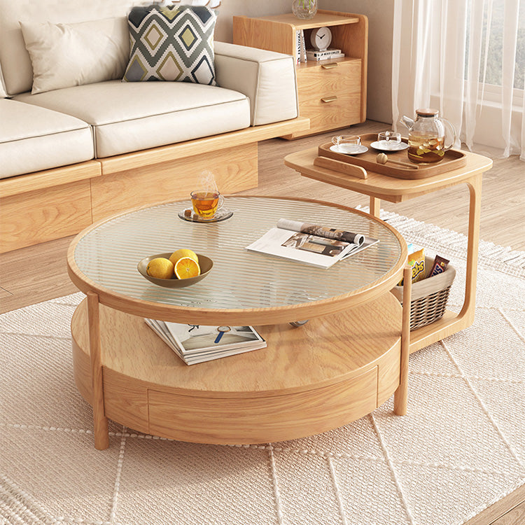 Chic Natural Wood Tea Table with Glass and Ceramic Accents in Brown White Ash fjnl-1581