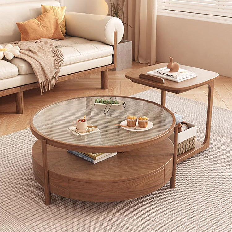 Chic Natural Wood Tea Table with Glass and Ceramic Accents in Brown White Ash fjnl-1581