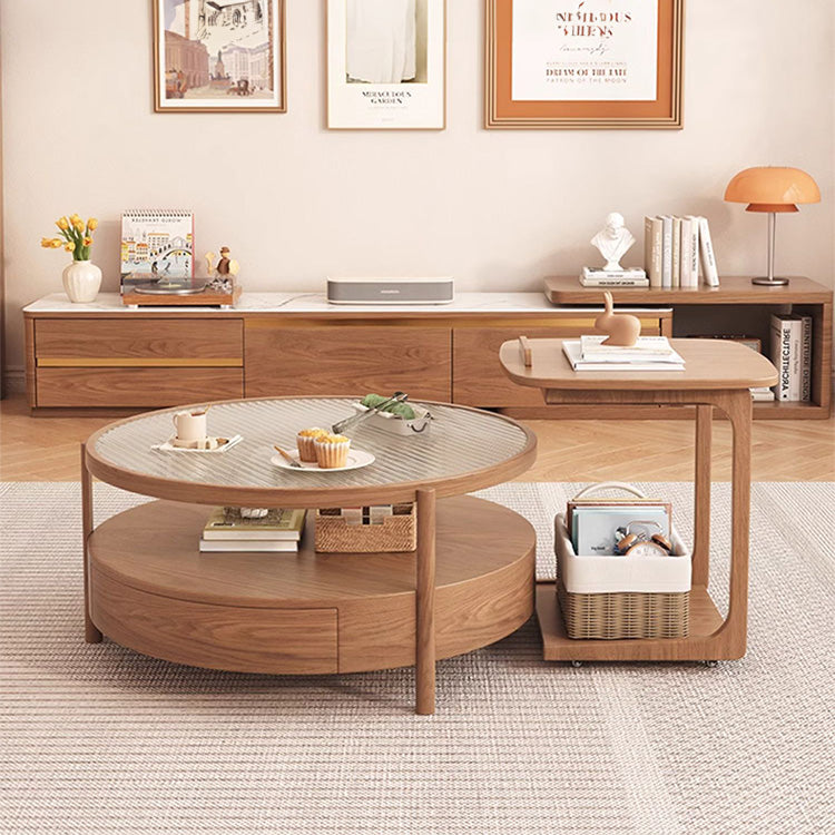 Chic Natural Wood Tea Table with Glass and Ceramic Accents in Brown White Ash fjnl-1581