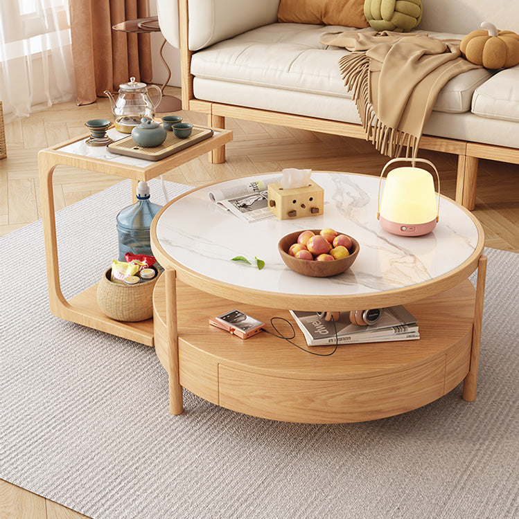 Chic Natural Wood Tea Table with Glass and Ceramic Accents in Brown White Ash fjnl-1581