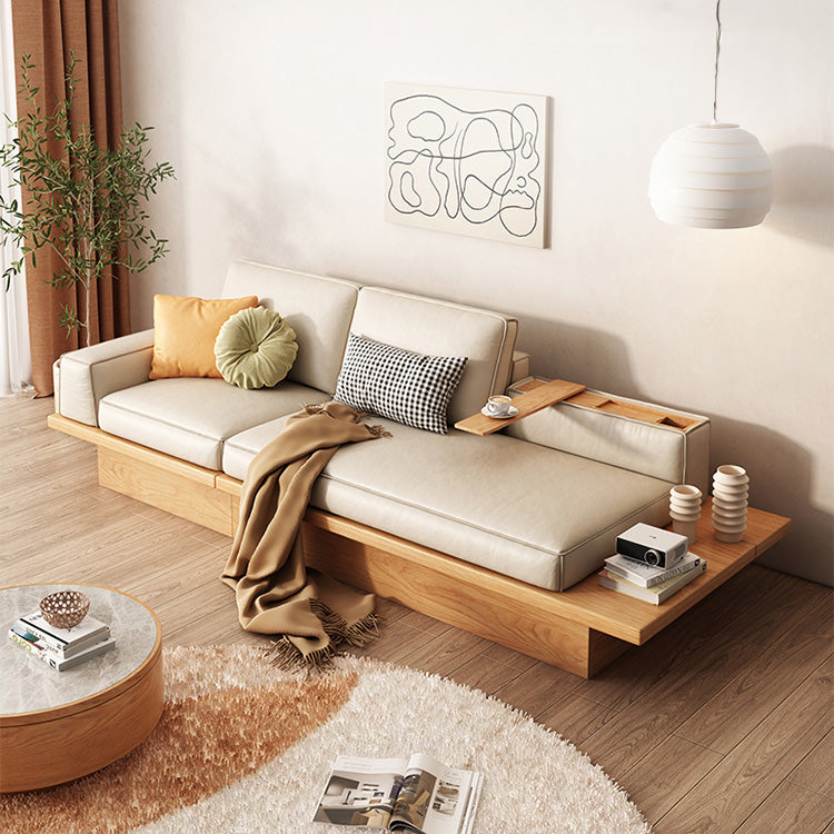 Beige Solid Wood Sofa with Plush Latex and Down Blend in Luxurious Leathaire Finish fjnl-1606