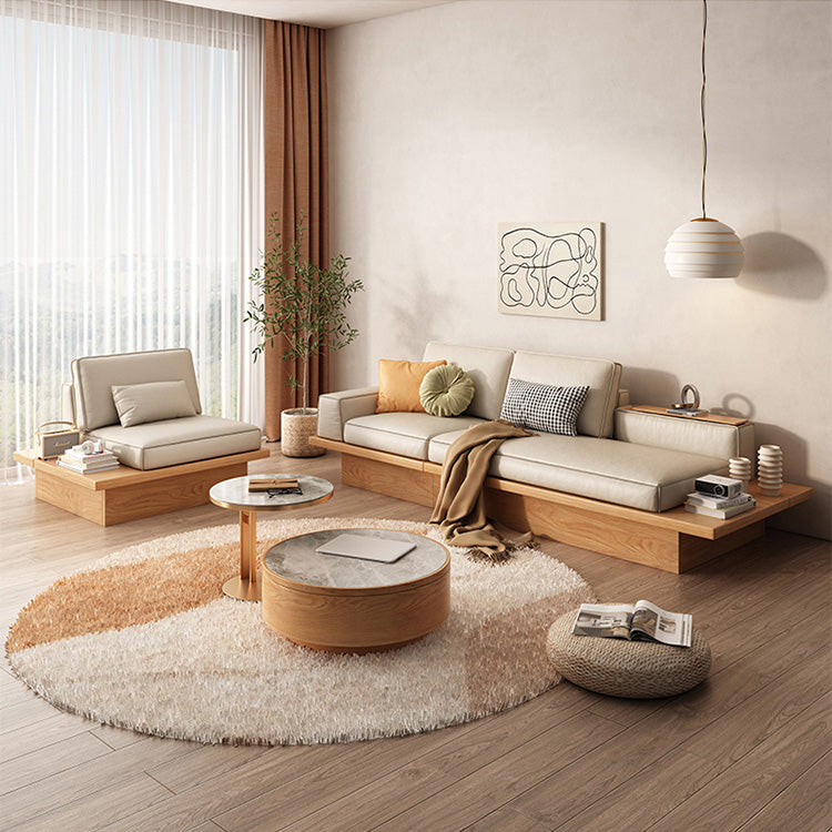 Beige Solid Wood Sofa with Plush Latex and Down Blend in Luxurious Leathaire Finish fjnl-1606