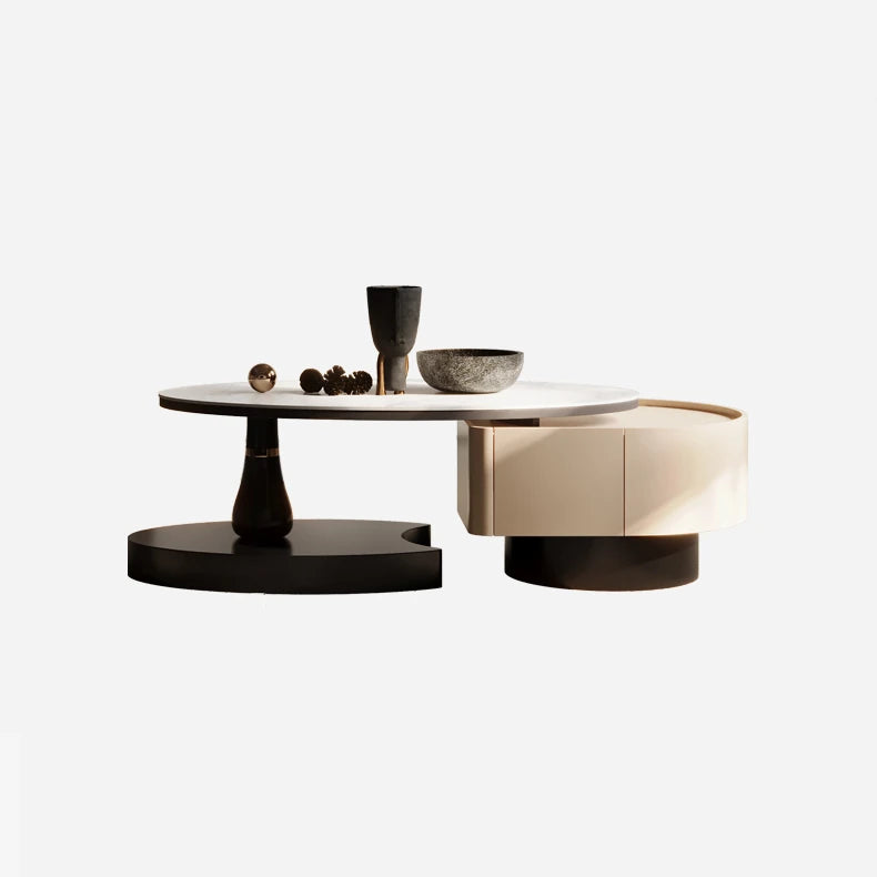 Modern Solid Wood Tea Table with Sintered Stone and Stainless Steel Accents fkb-4364