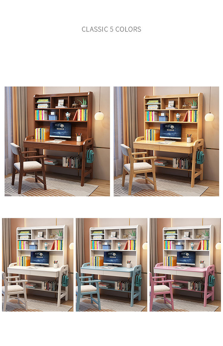 Stylish Multi-Color Home Office Desk - Natural Wood, White, Blue, Pink - Durable Rubber Wood and Particle Board fl-258