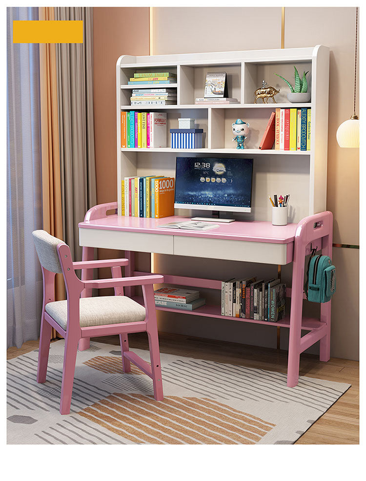 Stylish Multi-Color Home Office Desk - Natural Wood, White, Blue, Pink - Durable Rubber Wood and Particle Board fl-258