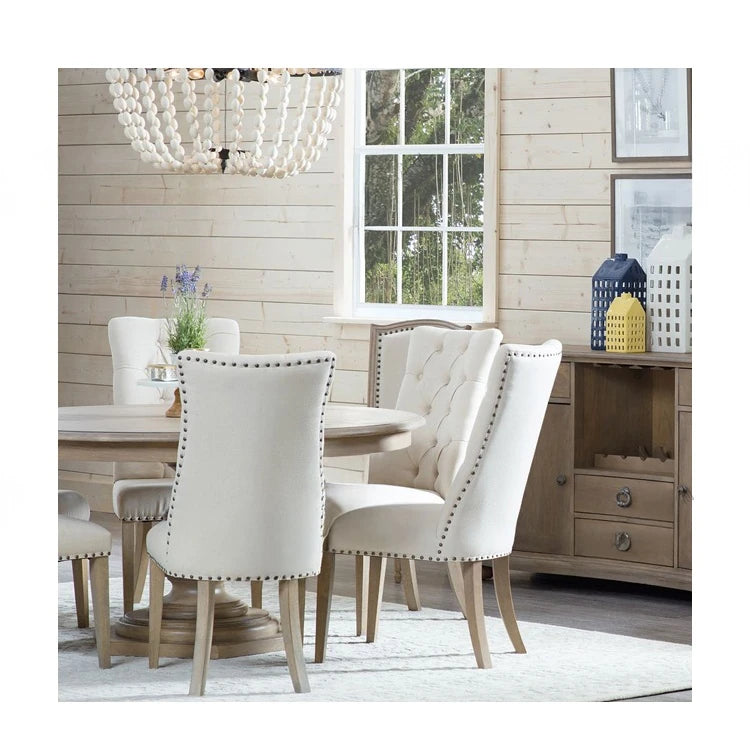 Elegant Oak Dining Chair with Cotton-Ramie Upholstery and Stylish Nailhead Trim - Perfect for Modern Homes fljgj-2111