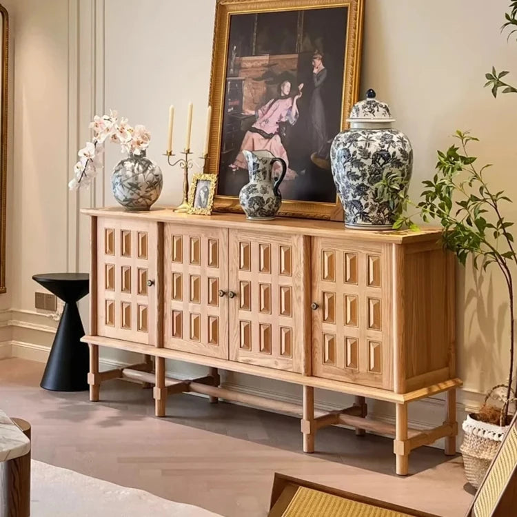 Stylish Oak Multi-Layer Board Cabinet with Unique Patterned Doors – Perfect Storage Solution for Modern Homes! fljgj-2139