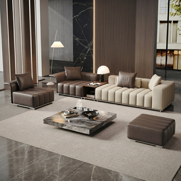 Modern Luxury Genuine Leather Sofa, Piano Key-Inspired Cream Brown 4/5-Seater Couch for Minimalist Living Room flsd-5178