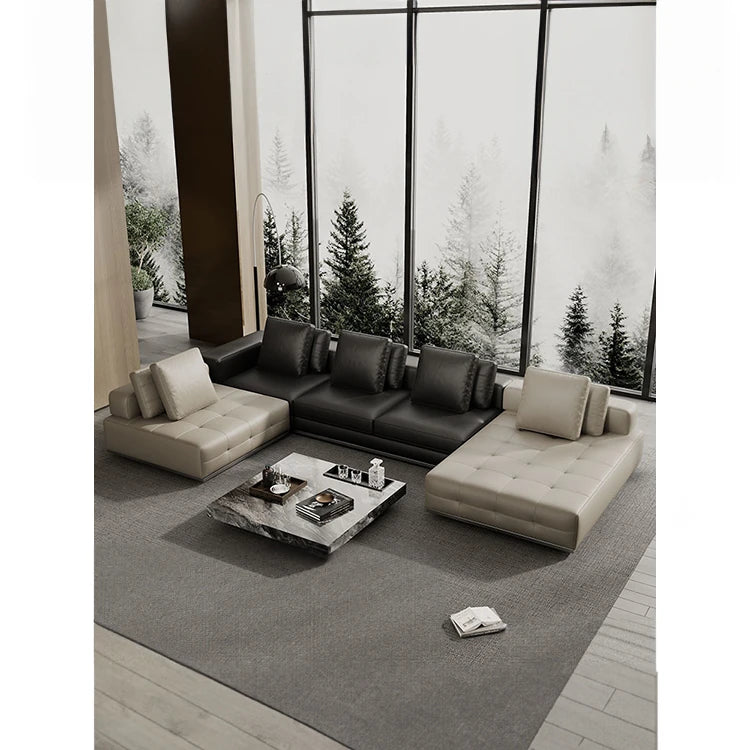 Luxurious Cowhide Leather Sectional Sofa with Plush Foam and Goose Down Feather Cushions – Modern Design in Elegant Black and Beige flsd-5179
