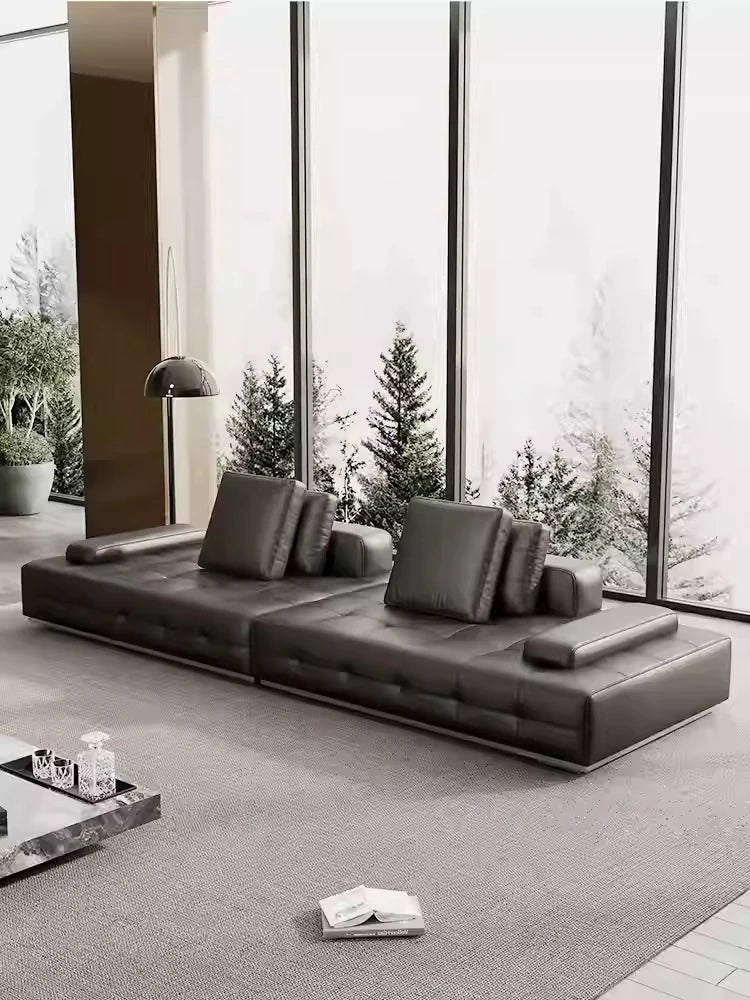 Luxurious Cowhide Leather Sectional Sofa with Plush Foam and Goose Down Feather Cushions – Modern Design in Elegant Black and Beige flsd-5179