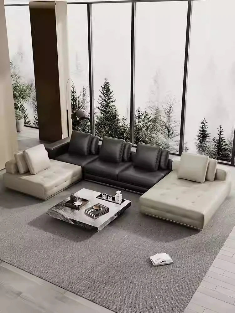 Luxurious Cowhide Leather Sectional Sofa with Plush Foam and Goose Down Feather Cushions – Modern Design in Elegant Black and Beige flsd-5179