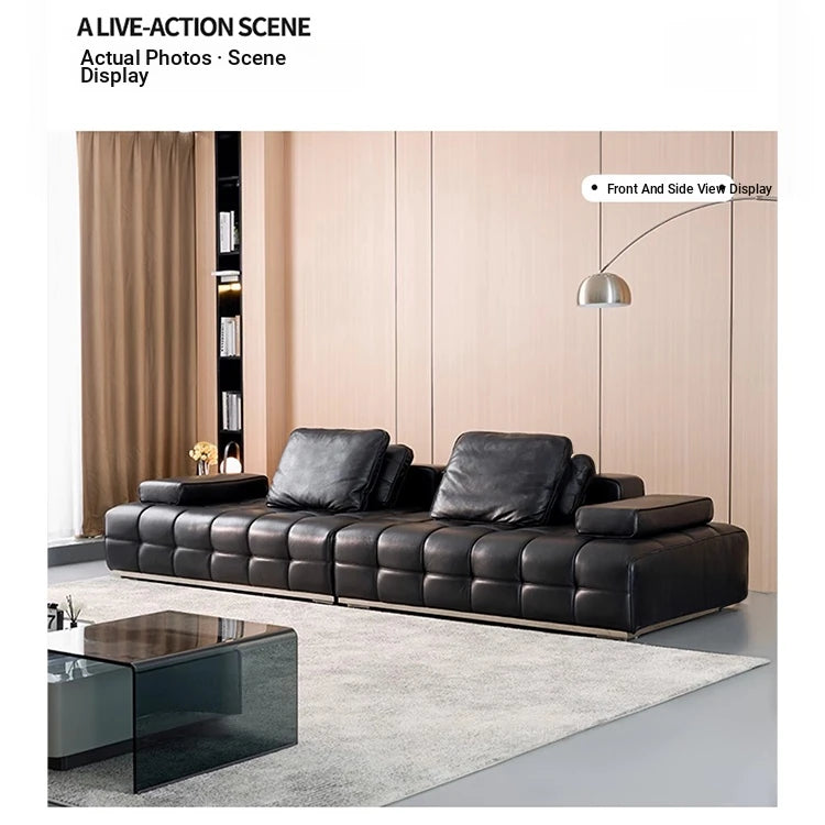 Luxurious Cowhide Leather Sectional Sofa with Plush Foam and Goose Down Feather Cushions – Modern Design in Elegant Black and Beige flsd-5179