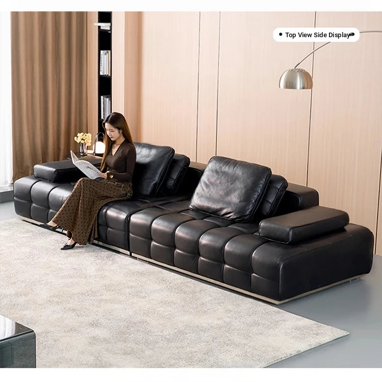 Luxurious Cowhide Leather Sectional Sofa with Plush Foam and Goose Down Feather Cushions – Modern Design in Elegant Black and Beige flsd-5179