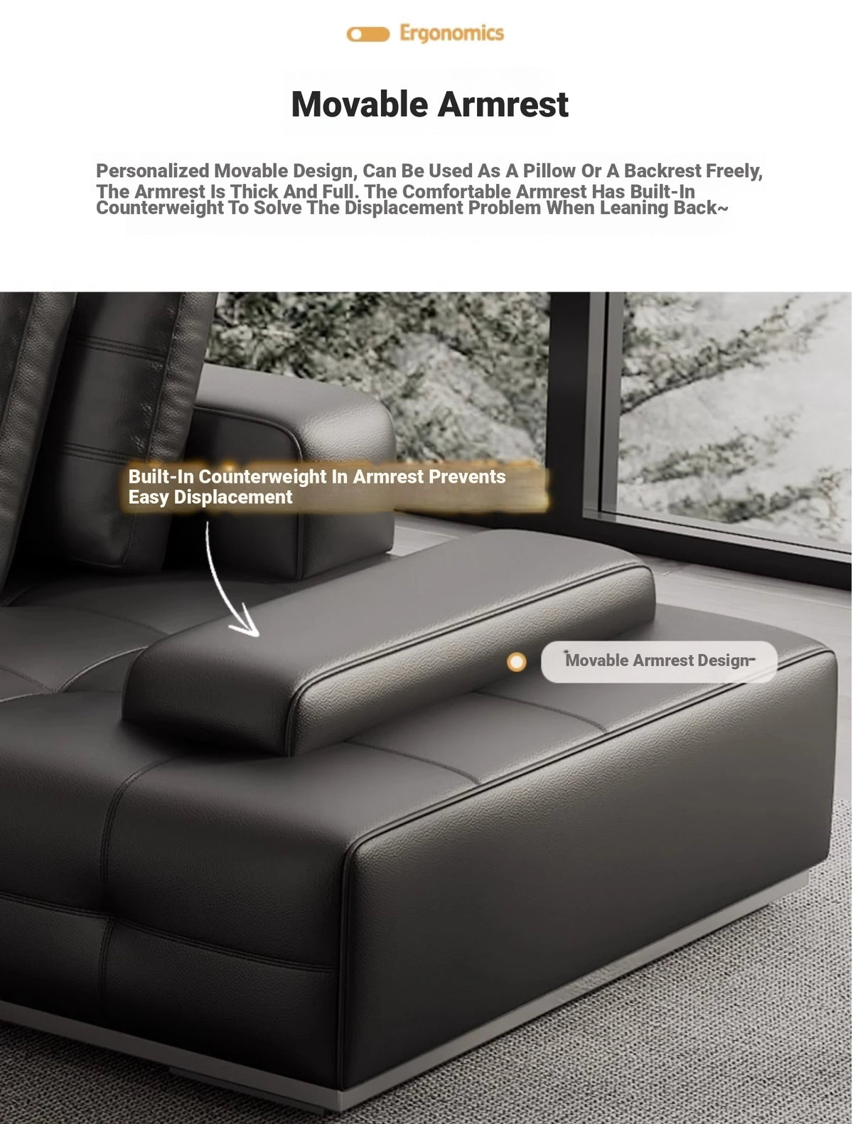 Luxurious Cowhide Leather Sectional Sofa with Plush Foam and Goose Down Feather Cushions – Modern Design in Elegant Black and Beige flsd-5179