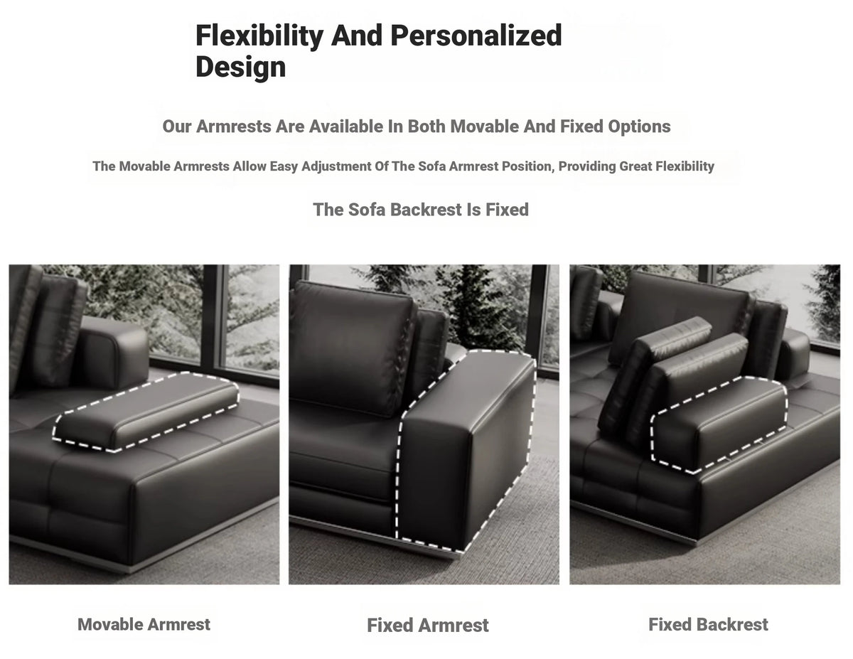 Luxurious Cowhide Leather Sectional Sofa with Plush Foam and Goose Down Feather Cushions – Modern Design in Elegant Black and Beige flsd-5179