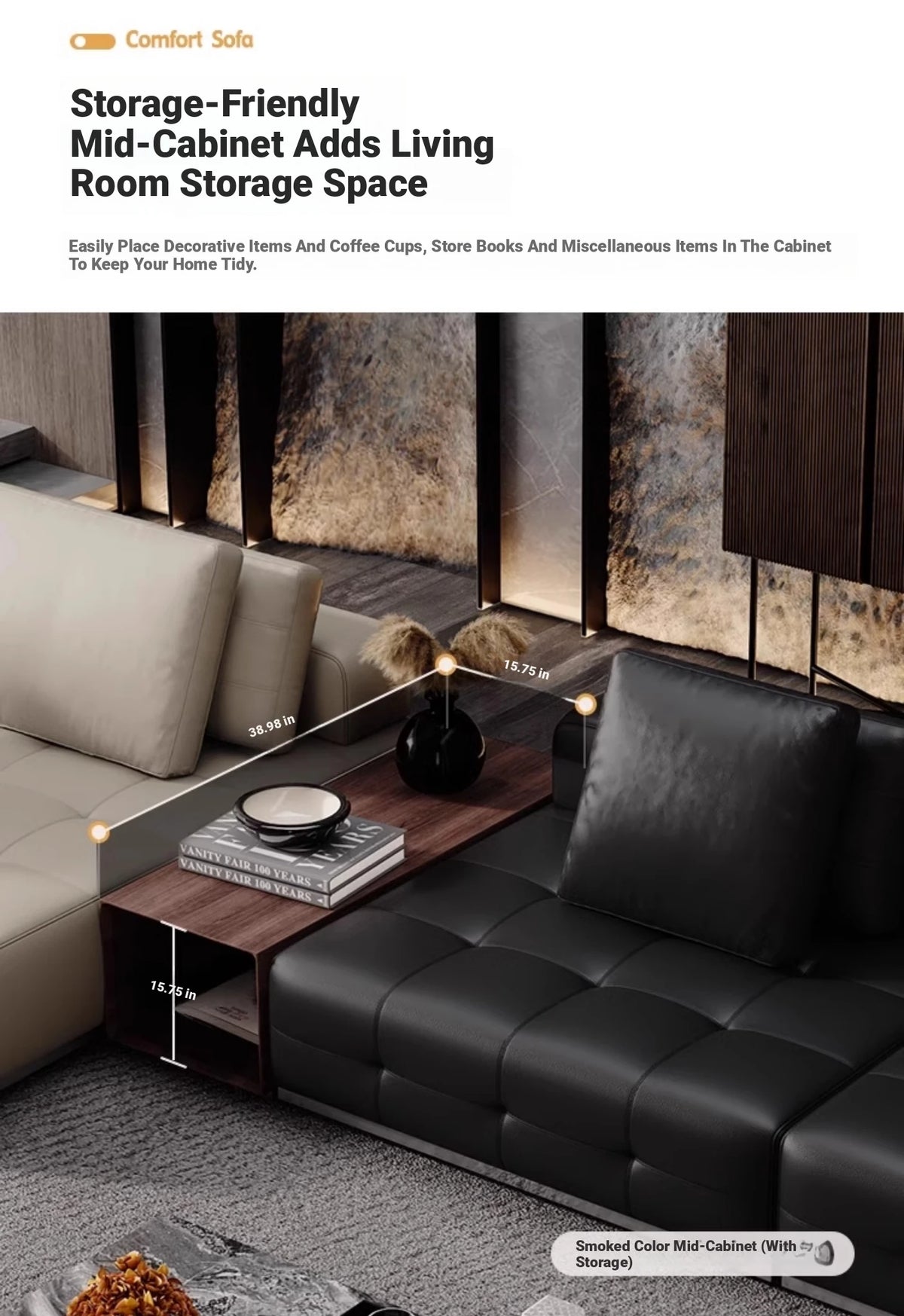 Luxurious Cowhide Leather Sectional Sofa with Plush Foam and Goose Down Feather Cushions – Modern Design in Elegant Black and Beige flsd-5179