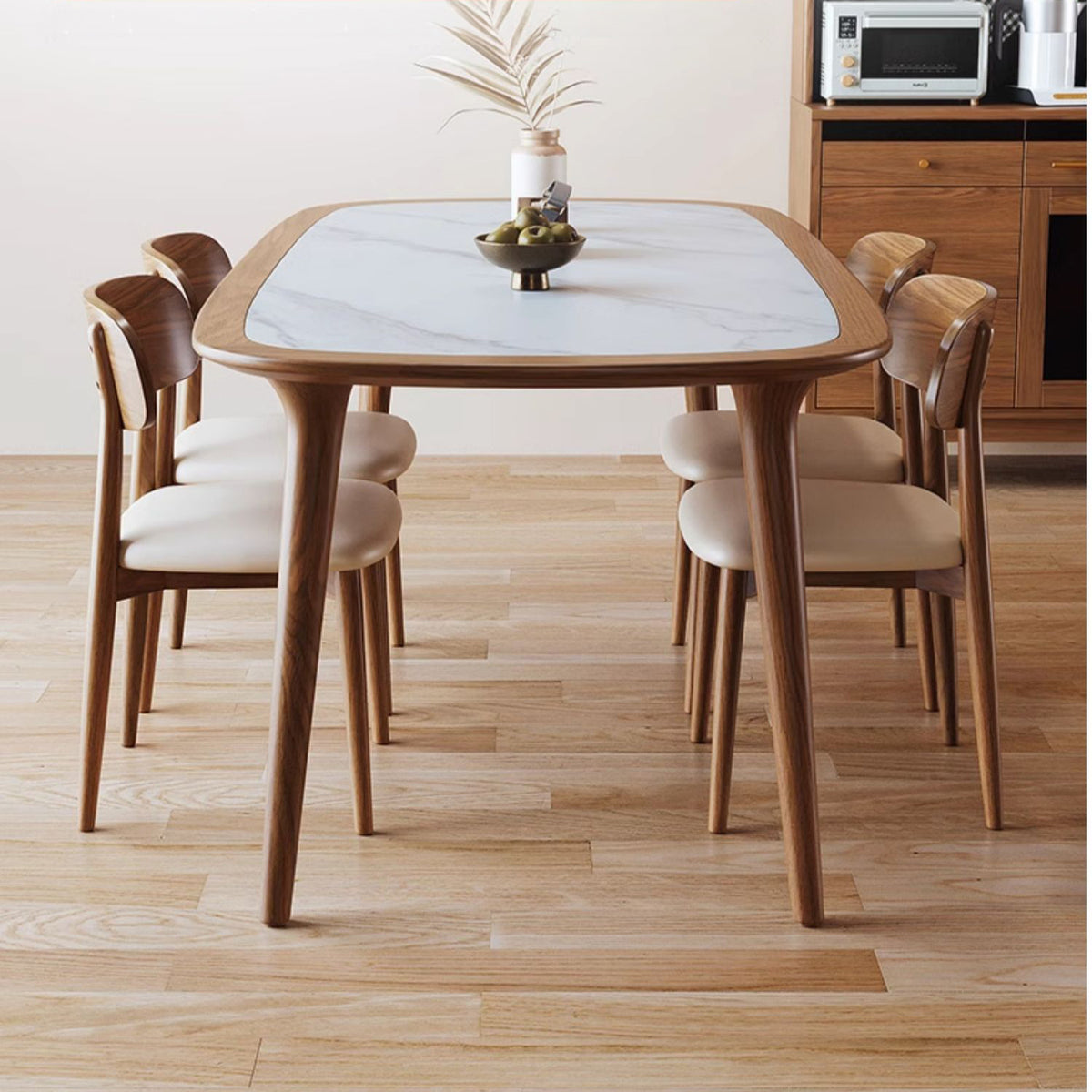 Sleek Matte White Sintered Stone & Ash Wood Dining Table – Modern Elegance for Your Home fmbs-002