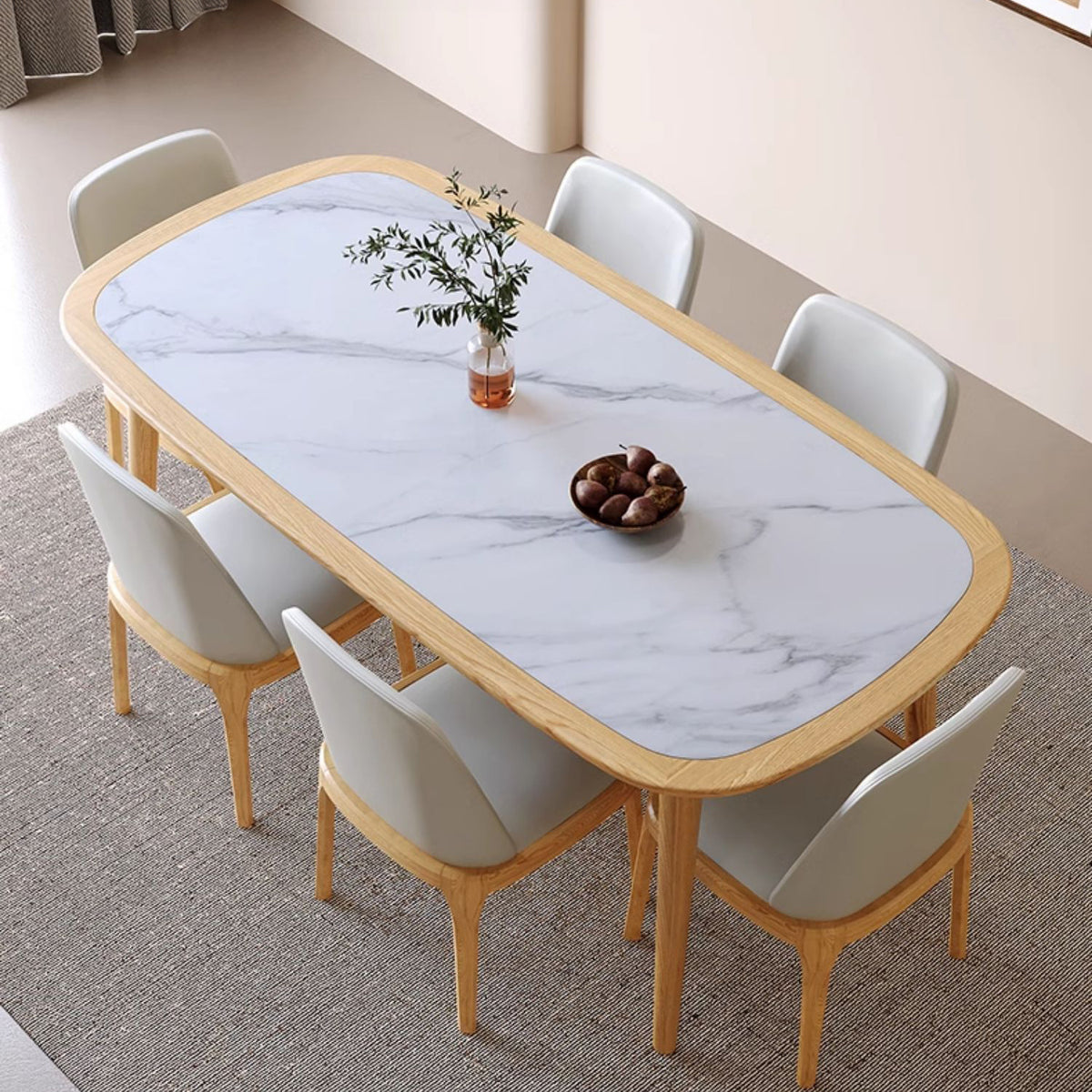 Sleek Matte White Sintered Stone & Ash Wood Dining Table – Modern Elegance for Your Home fmbs-002