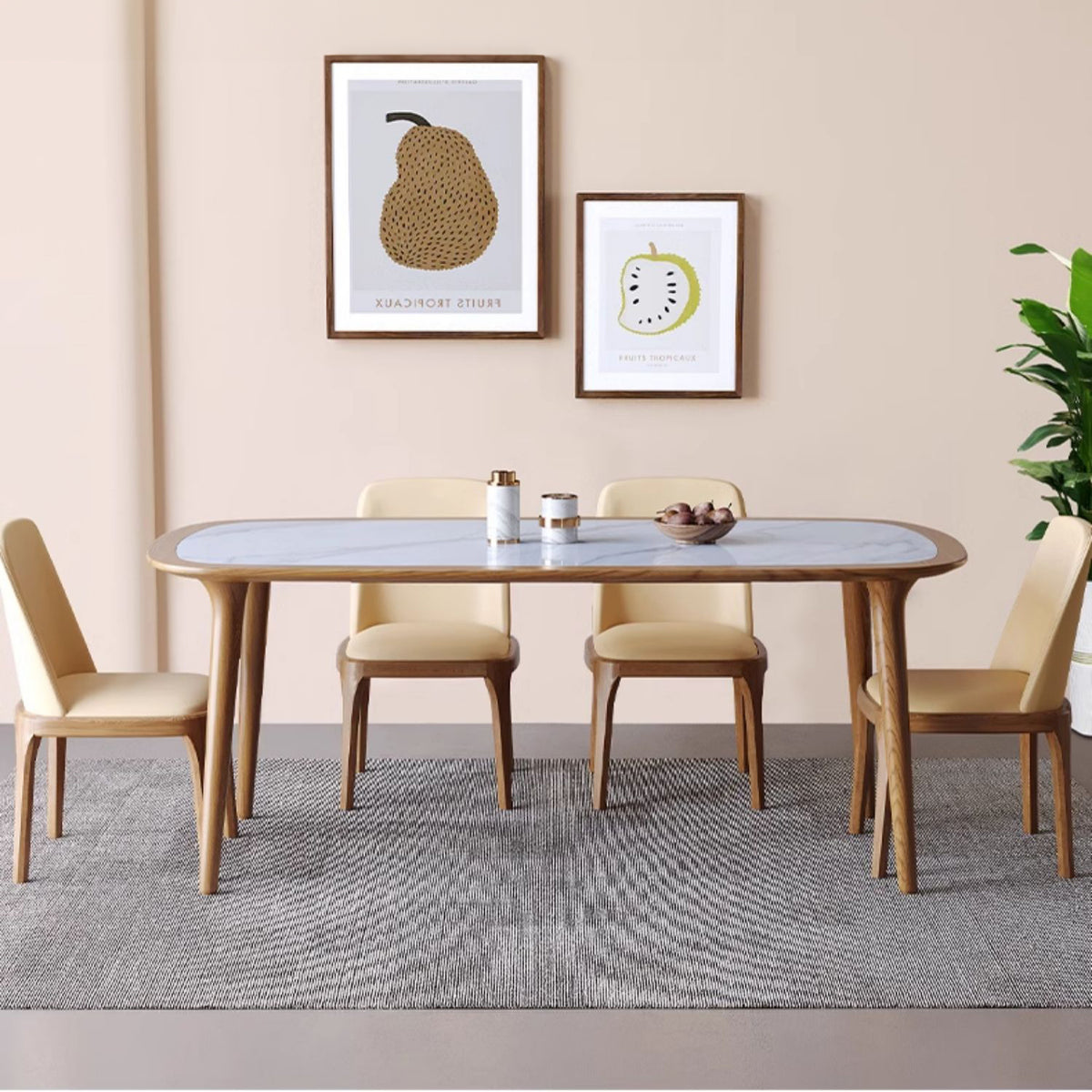 Sleek Matte White Sintered Stone & Ash Wood Dining Table – Modern Elegance for Your Home fmbs-002