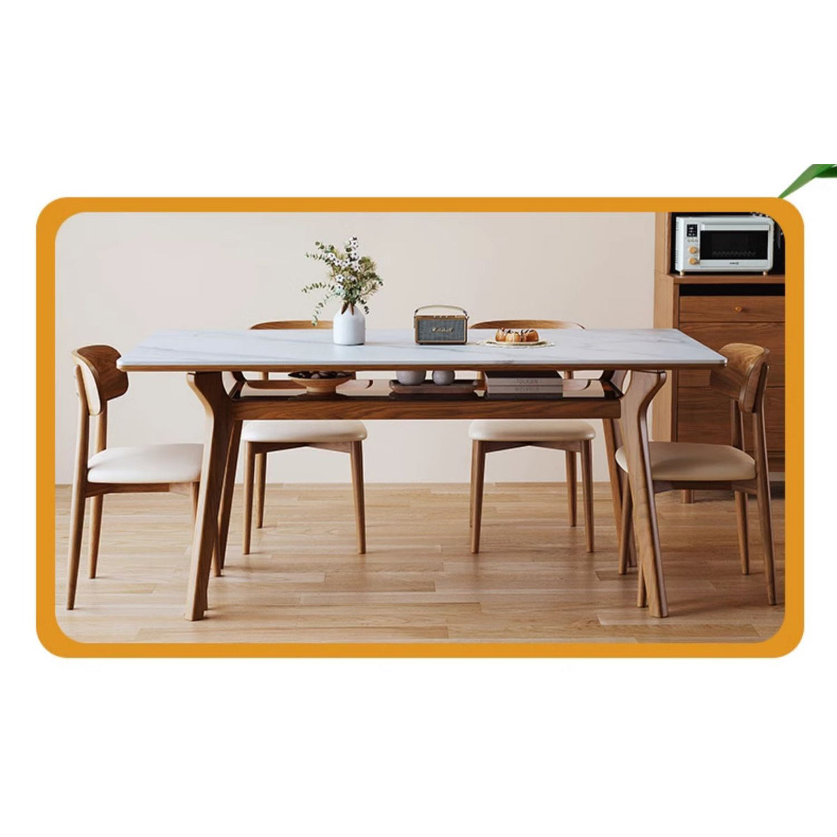 Elegant Brown Frame Table with Natural Sintered Stone and Glass Top, Ash Wood Design fmbs-010