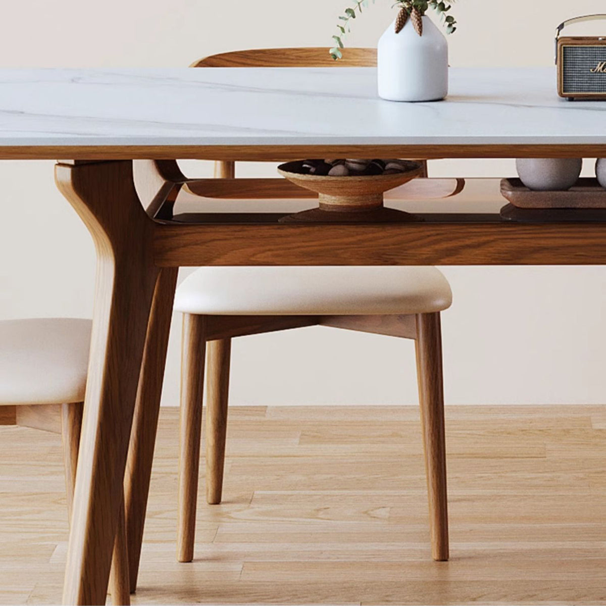 Elegant Brown Frame Table with Natural Sintered Stone and Glass Top, Ash Wood Design fmbs-010