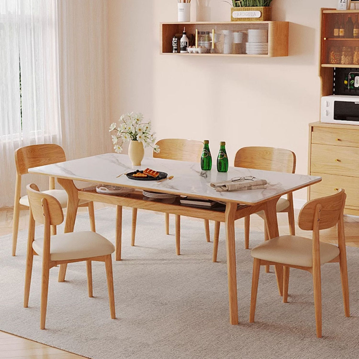 Elegant Brown Frame Table with Natural Sintered Stone and Glass Top, Ash Wood Design fmbs-010