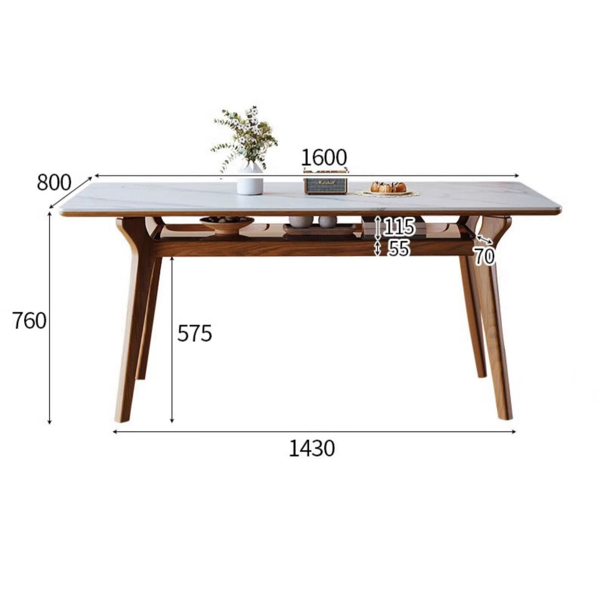 Elegant Brown Frame Table with Natural Sintered Stone and Glass Top, Ash Wood Design fmbs-010