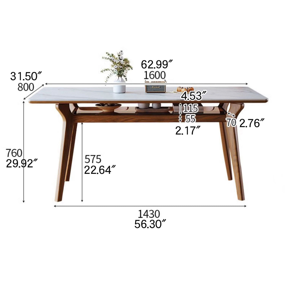 Elegant Brown Frame Table with Natural Sintered Stone and Glass Top, Ash Wood Design fmbs-010