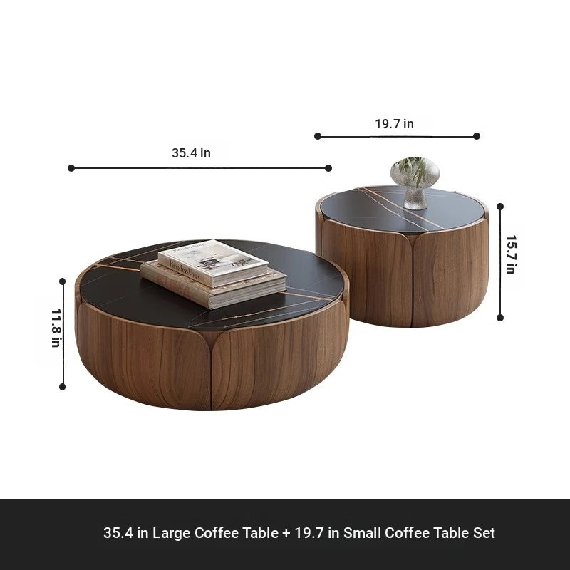Round Sintered Stone Coffee Table with Storage - Modern Wood Accent Design for Living Room Elegance fme-3126
