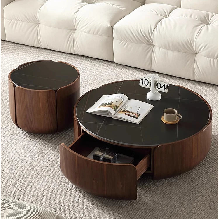 Round Sintered Stone Coffee Table with Storage - Modern Wood Accent Design for Living Room Elegance fme-3126