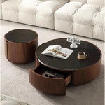 Round Sintered Stone Coffee Table with Storage - Modern Wood Accent Design for Living Room Elegance fme-3126
