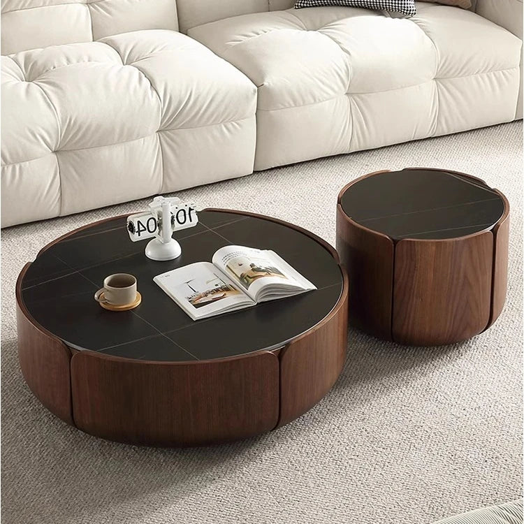 Round Sintered Stone Coffee Table with Storage - Modern Wood Accent Design for Living Room Elegance fme-3126