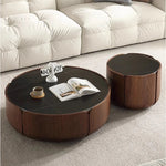 Round Sintered Stone Coffee Table with Storage - Modern Wood Accent Design for Living Room Elegance fme-3126