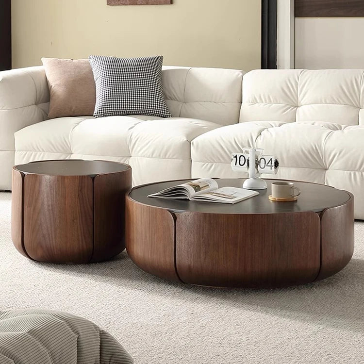 Round Sintered Stone Coffee Table with Storage - Modern Wood Accent Design for Living Room Elegance fme-3126