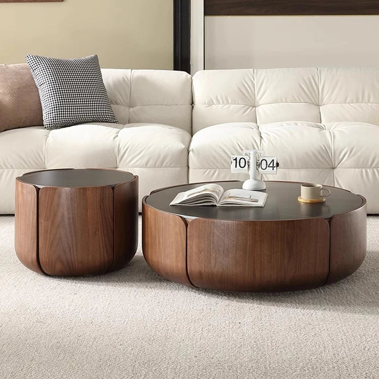 Round Sintered Stone Coffee Table with Storage - Modern Wood Accent Design for Living Room Elegance fme-3126